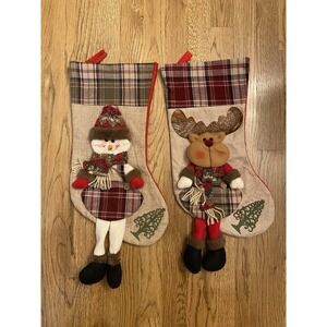 Set Of 2 Christmas 17" Stocking Reindeer & Snowman Applique Plaid Holiday Decor